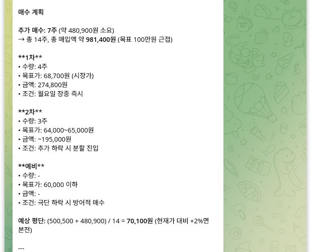 헤르메스 에이전트가 수립한 토스증권 종목 매수 전략 - 텔레그램 웬디 봇 화면